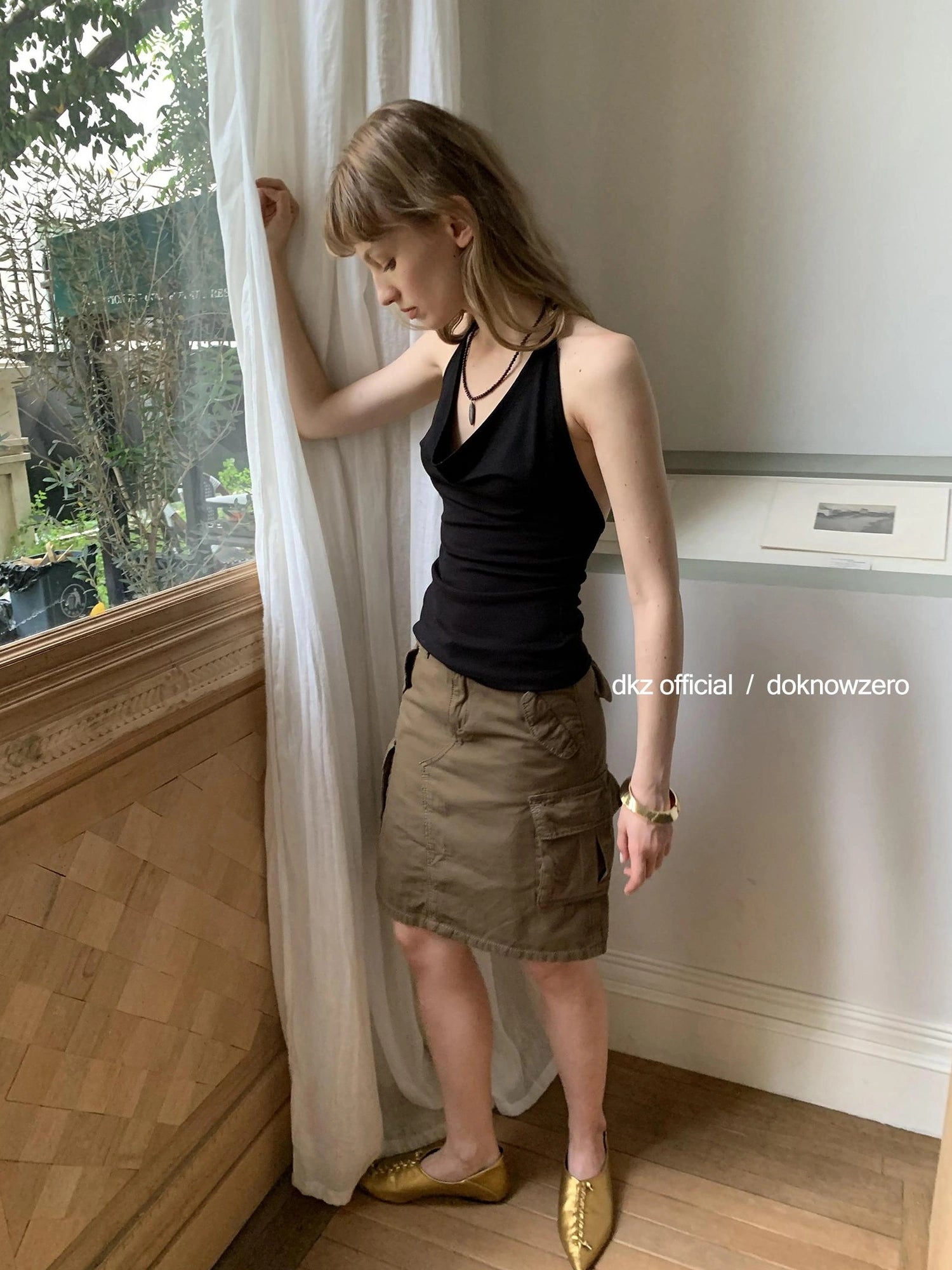 DKZ OFFICIAL Military Green Cotton Linen Midi Skirt With Pockets