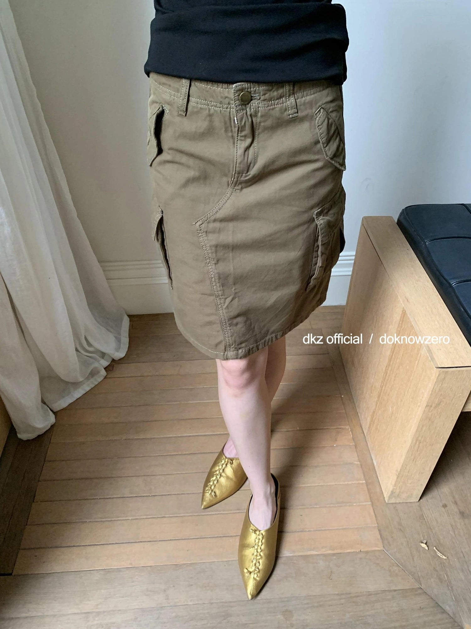 DKZ OFFICIAL Military Green Cotton Linen Midi Skirt With Pockets