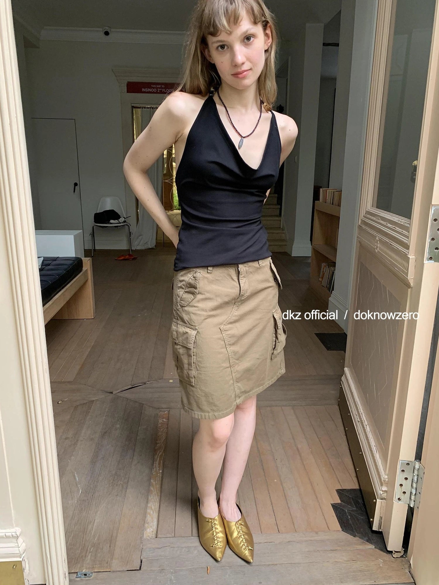 DKZ OFFICIAL Military Green Cotton Linen Midi Skirt With Pockets