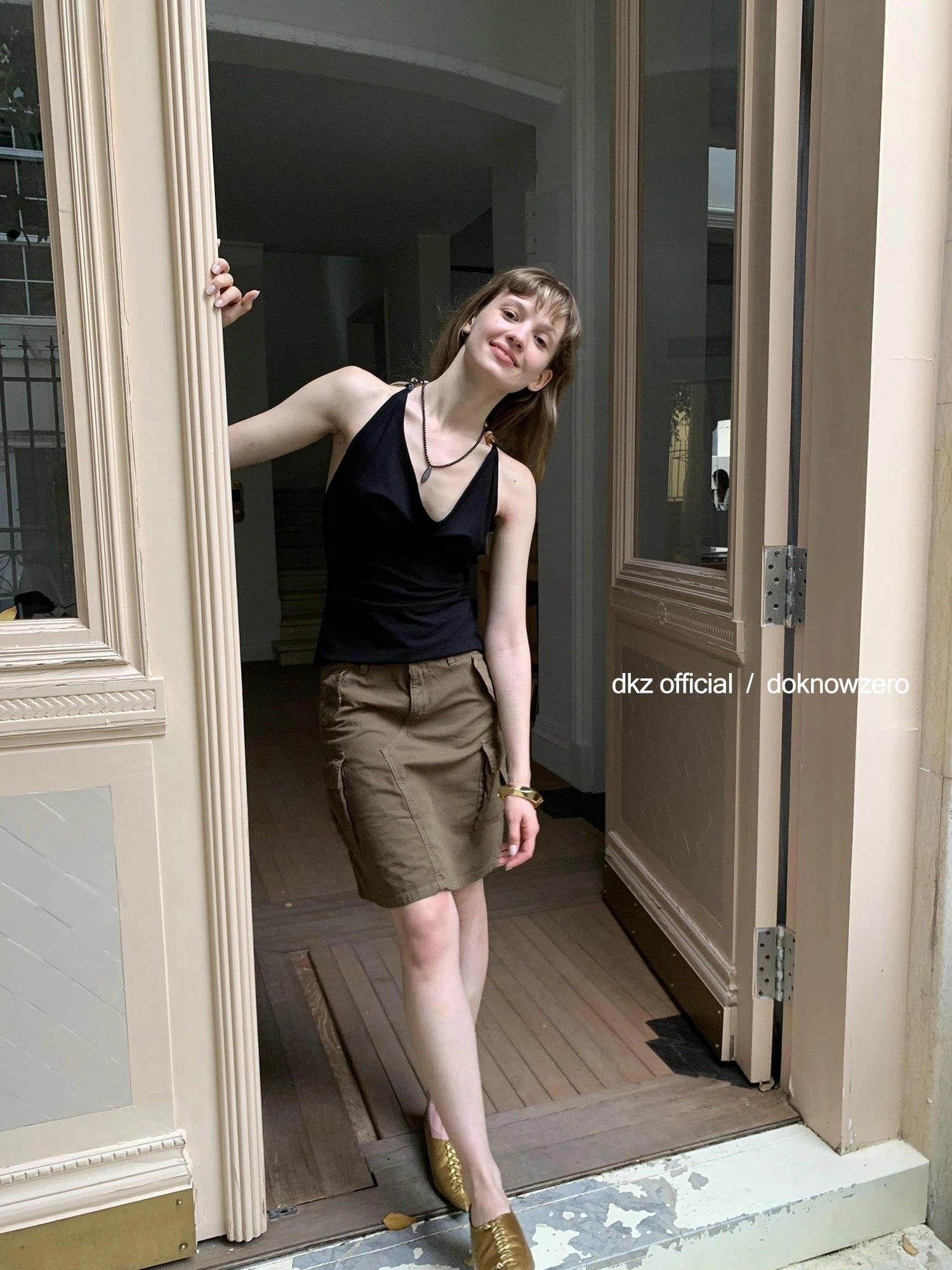 DKZ OFFICIAL Military Green Cotton Linen Midi Skirt With Pockets
