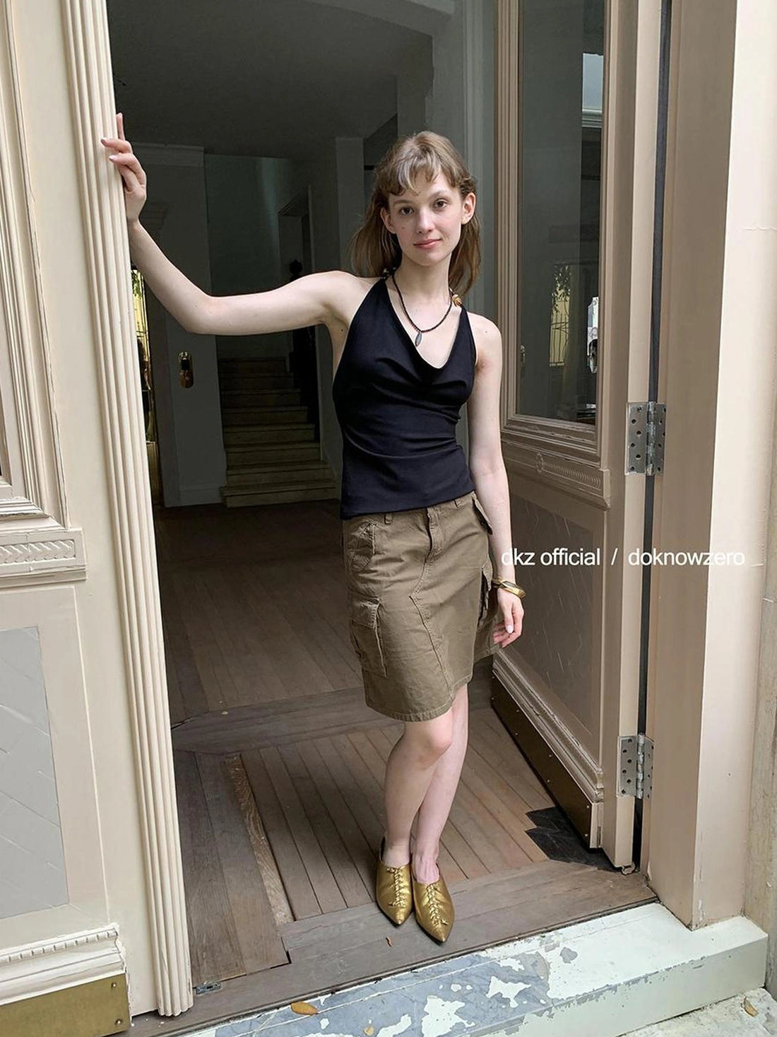 DKZ OFFICIAL Military Green Cotton Linen Midi Skirt With Pockets