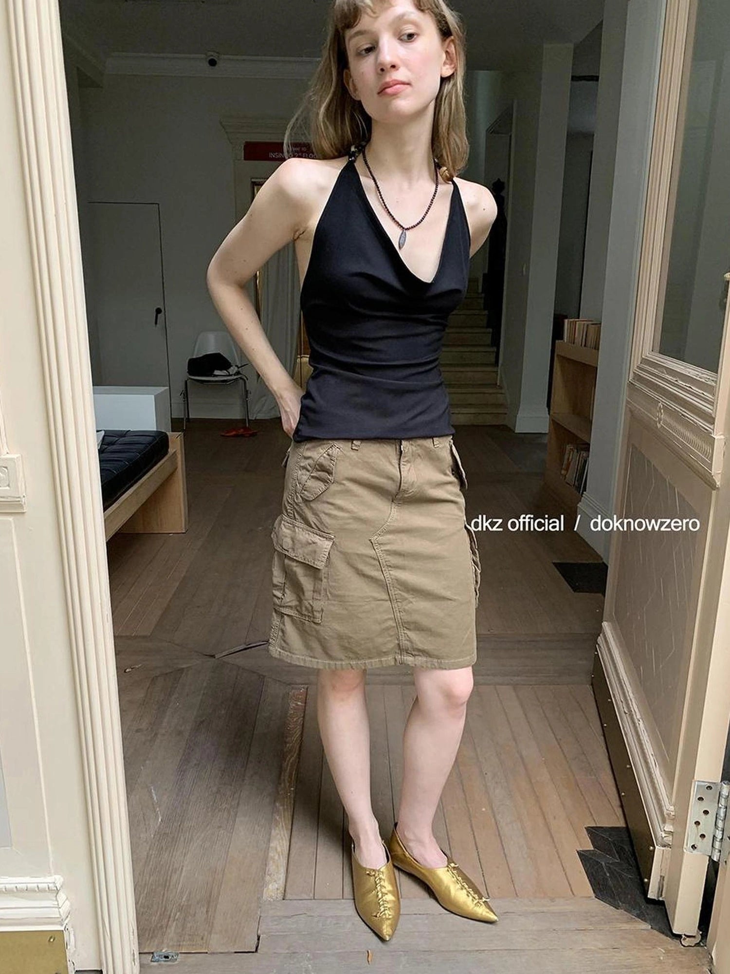 DKZ OFFICIAL Military Green Cotton Linen Midi Skirt With Pockets