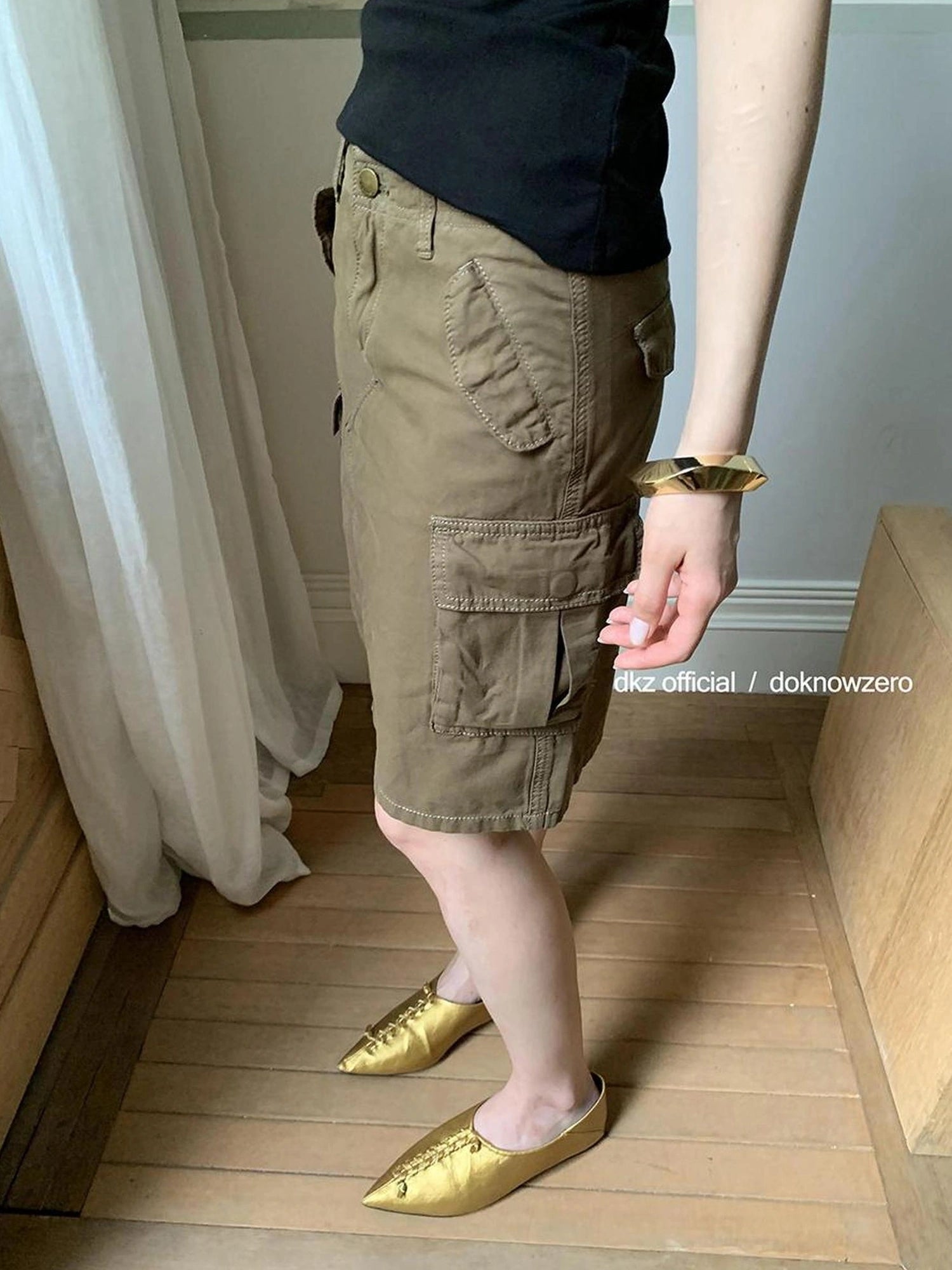 DKZ OFFICIAL Military Green Cotton Linen Midi Skirt With Pockets