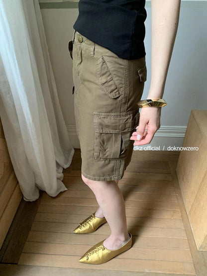 DKZ OFFICIAL Military Green Cotton Linen Midi Skirt With Pockets