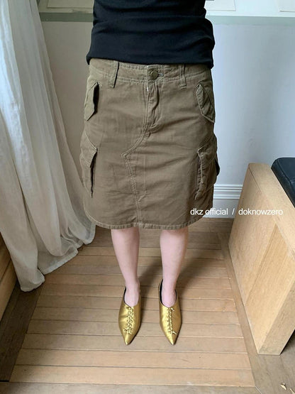 DKZ OFFICIAL Military Green Cotton Linen Midi Skirt With Pockets