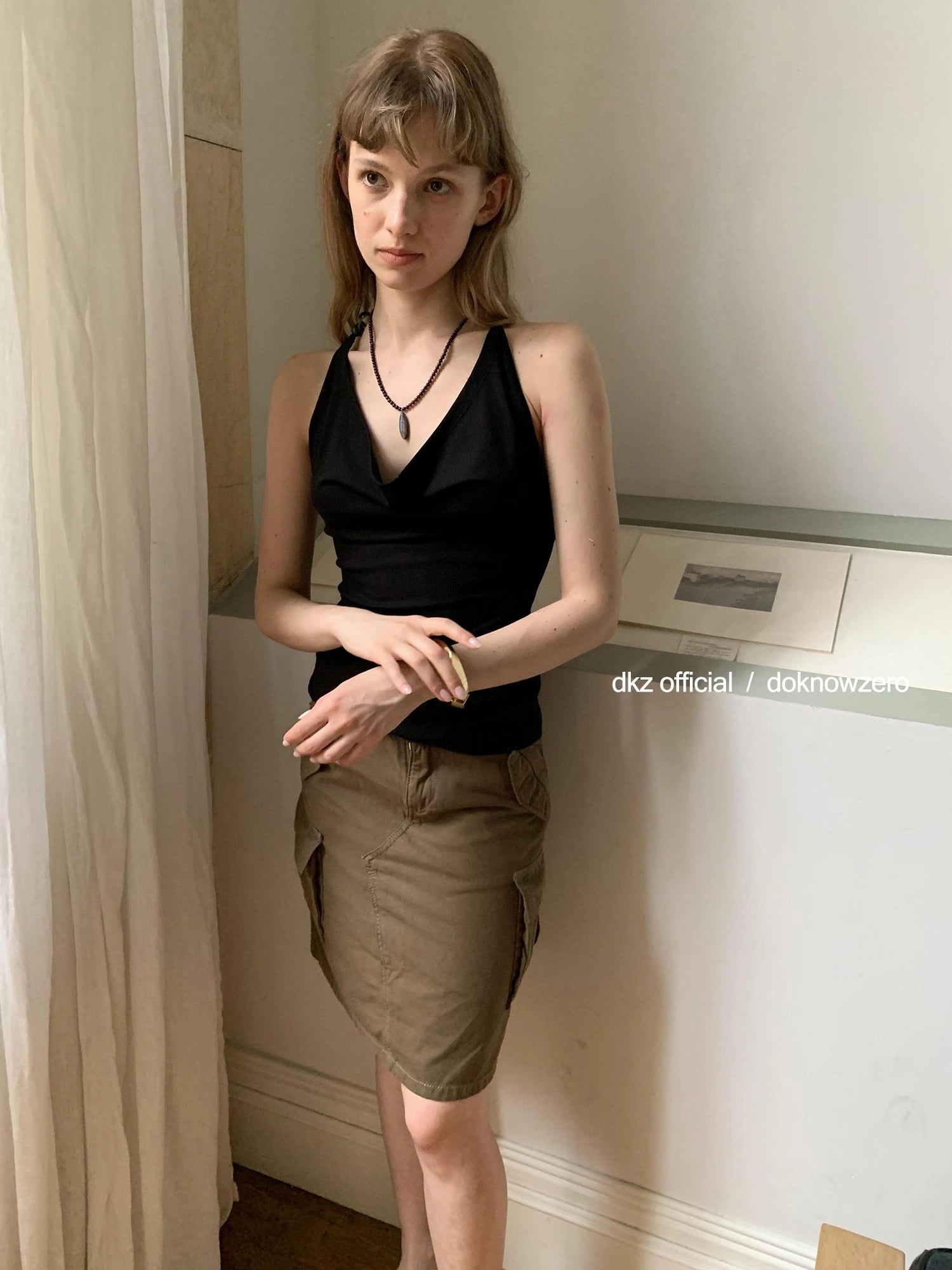 DKZ OFFICIAL Military Green Cotton Linen Midi Skirt With Pockets