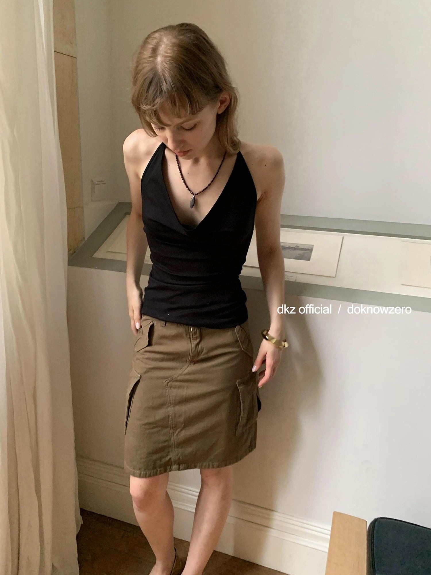 DKZ OFFICIAL Military Green Cotton Linen Midi Skirt With Pockets