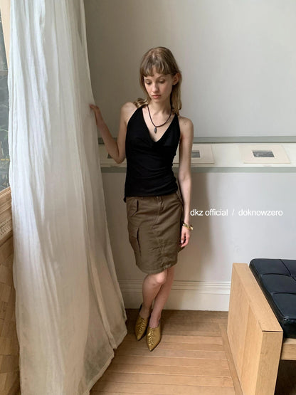 DKZ OFFICIAL Military Green Cotton Linen Midi Skirt With Pockets
