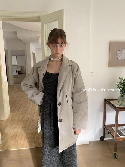DKZ OFFICIAL Minimalist Lapel Midlength Loose White Duck Down Women&