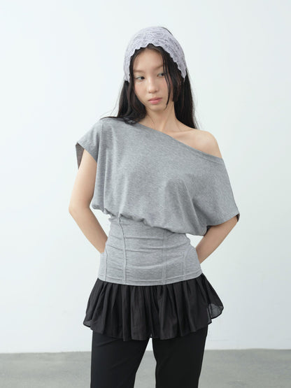 DKZ OFFICIAL Mint Asymmetric Neck Fishbone Split Cinched Waist Women&