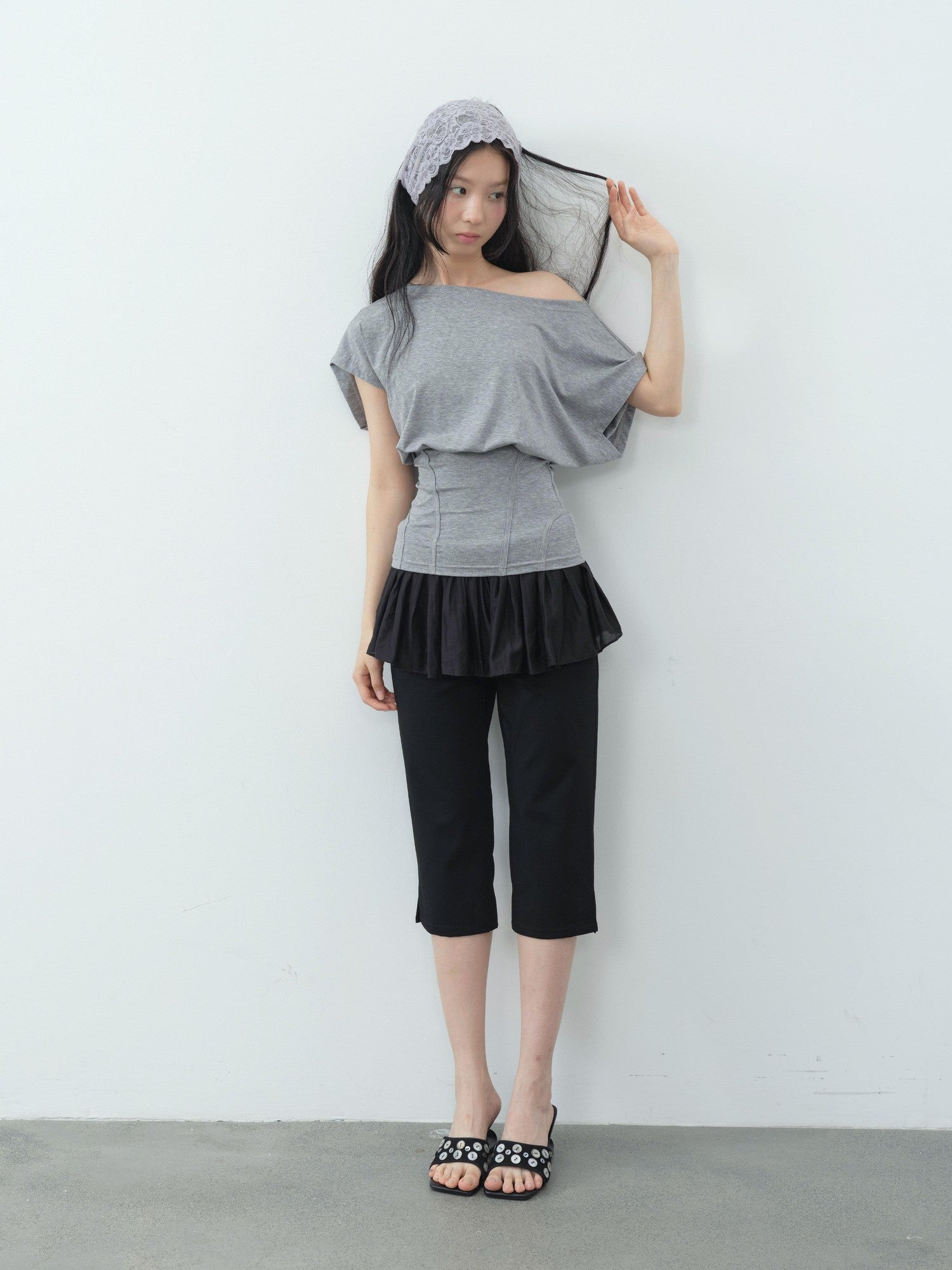 DKZ OFFICIAL Mint Asymmetric Neck Fishbone Split Cinched Waist Women&