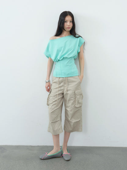 DKZ OFFICIAL Mint Asymmetric Neck Fishbone Split Cinched Waist Women&