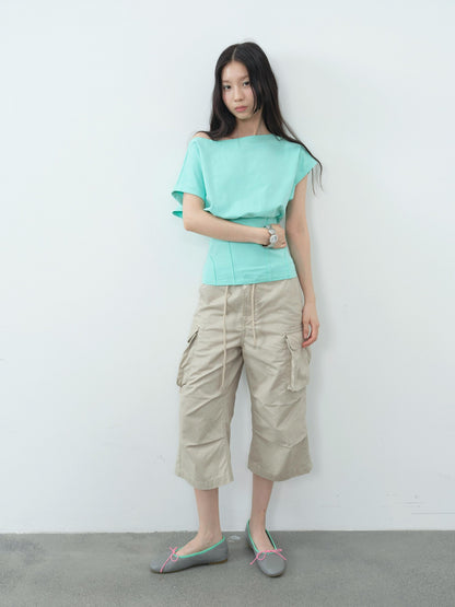 DKZ OFFICIAL Mint Asymmetric Neck Fishbone Split Cinched Waist Women&