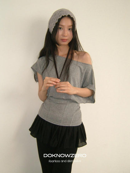 DKZ OFFICIAL Mint Asymmetric Neck Fishbone Split Cinched Waist Women&