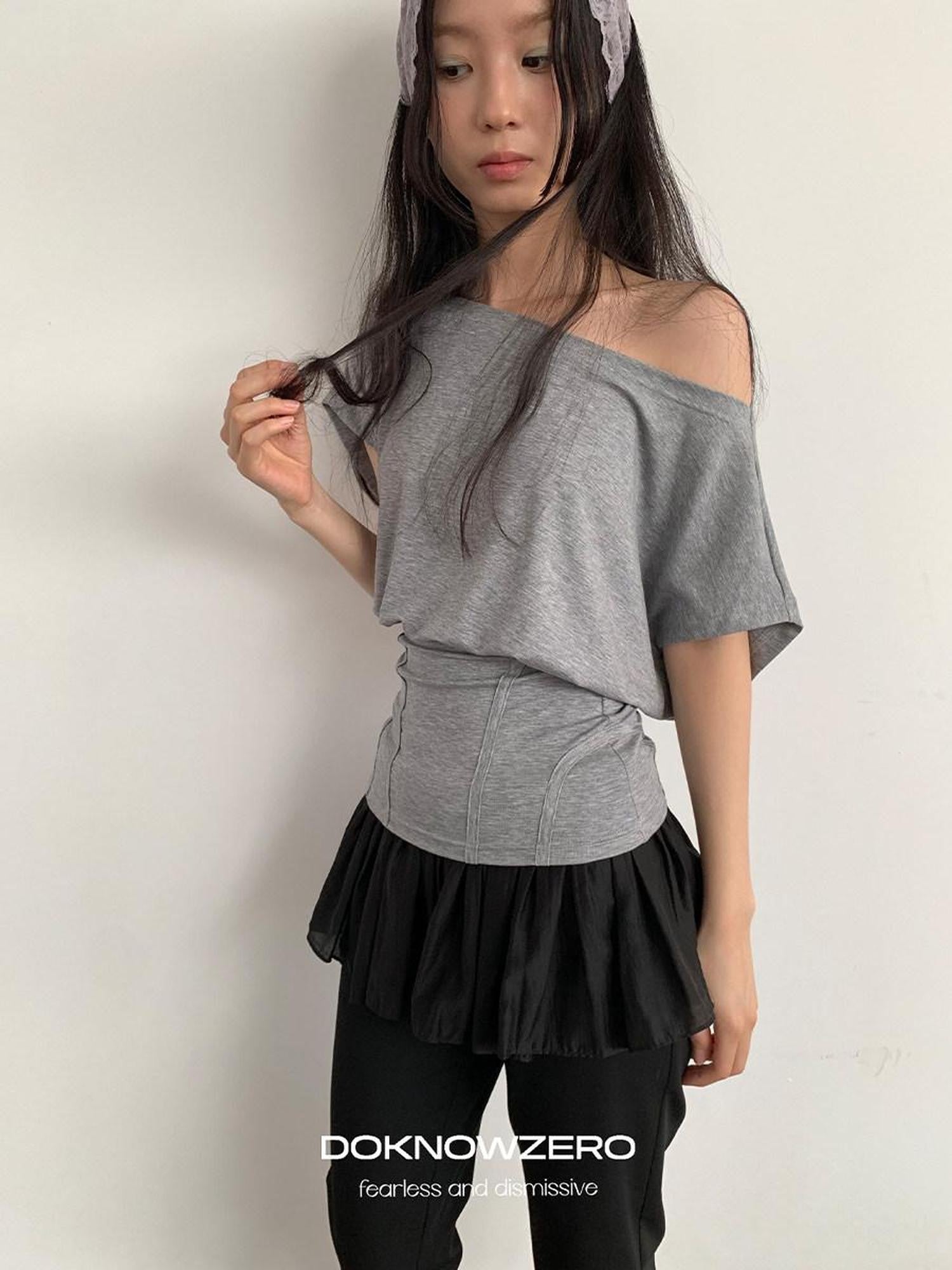 DKZ OFFICIAL Mint Asymmetric Neck Fishbone Split Cinched Waist Women&