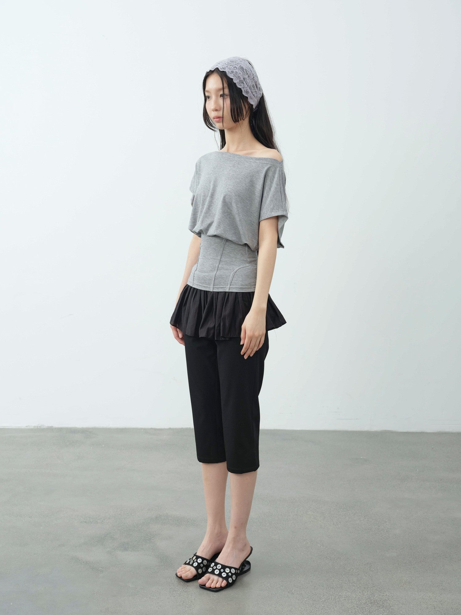 DKZ OFFICIAL Mint Asymmetric Neck Fishbone Split Cinched Waist Women&