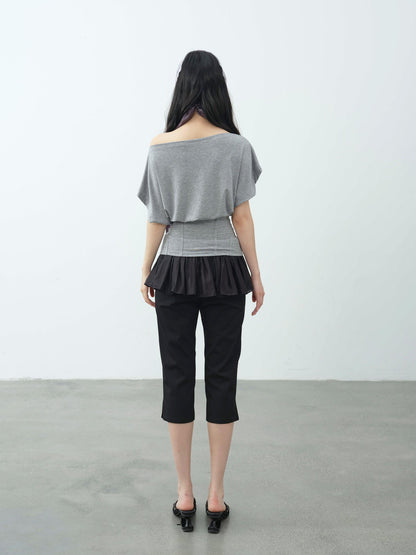 DKZ OFFICIAL Mint Asymmetric Neck Fishbone Split Cinched Waist Women&