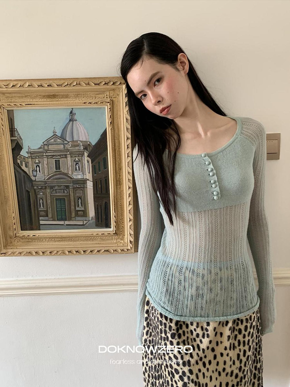 DKZ OFFICIAL Mint Green Open Knit Long Sleeve Slim Fit Women&