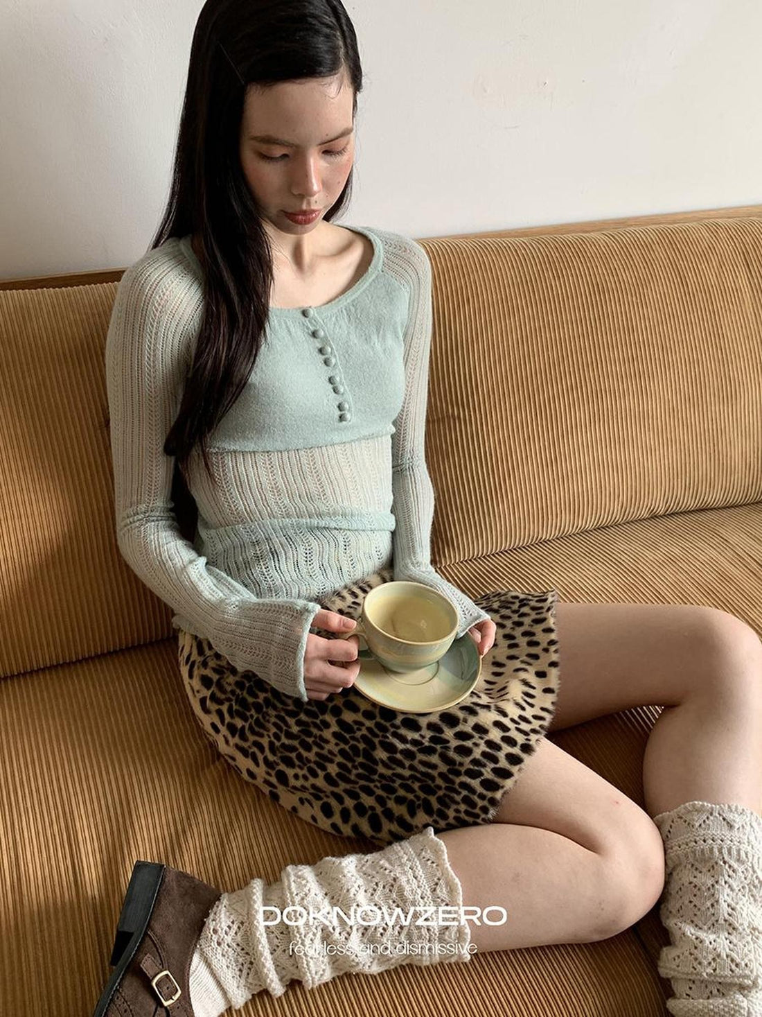 DKZ OFFICIAL Mint Green Open Knit Long Sleeve Slim Fit Women&