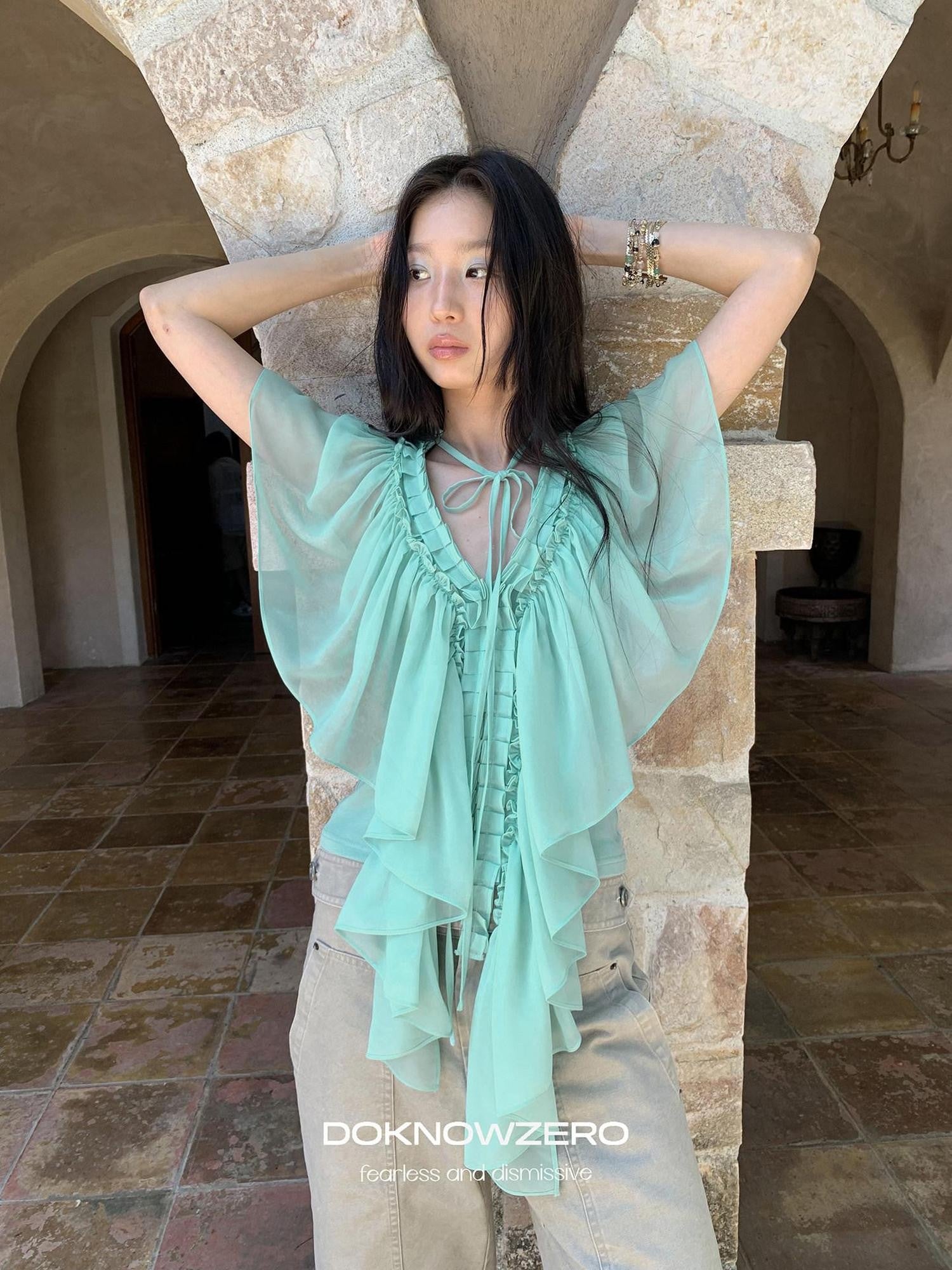 DKZ OFFICIAL Mint Green Ruffle Pleated V-neck Women&
