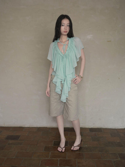 DKZ OFFICIAL Mint Green Ruffle Pleated V-neck Women&