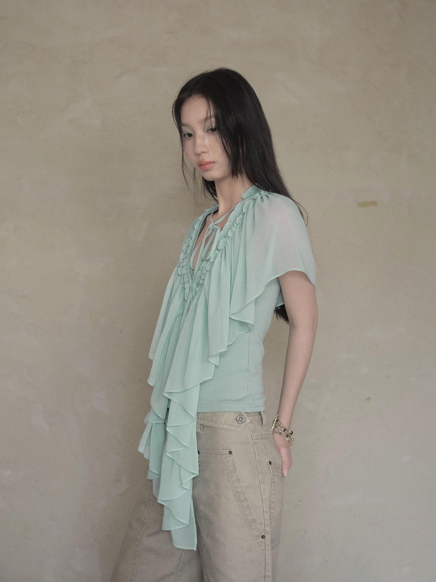 DKZ OFFICIAL Mint Green Ruffle Pleated V-neck Women&