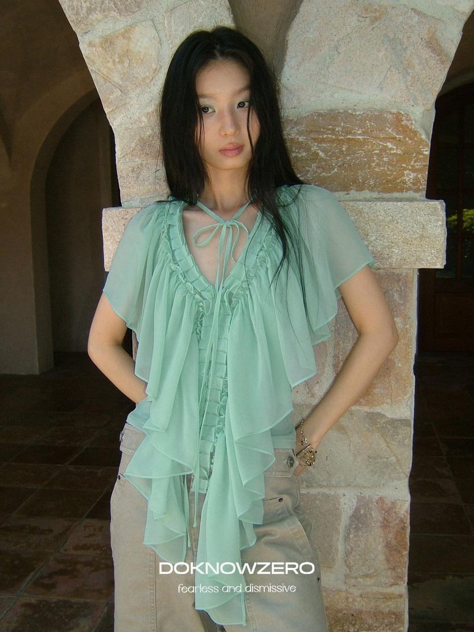 DKZ OFFICIAL Mint Green Ruffle Pleated V-neck Women&