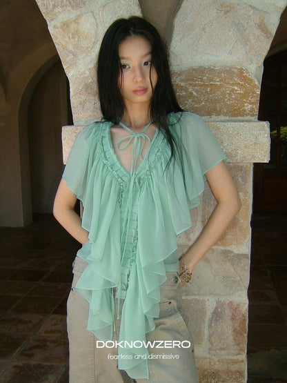 DKZ OFFICIAL Mint Green Ruffle Pleated V-neck Women&