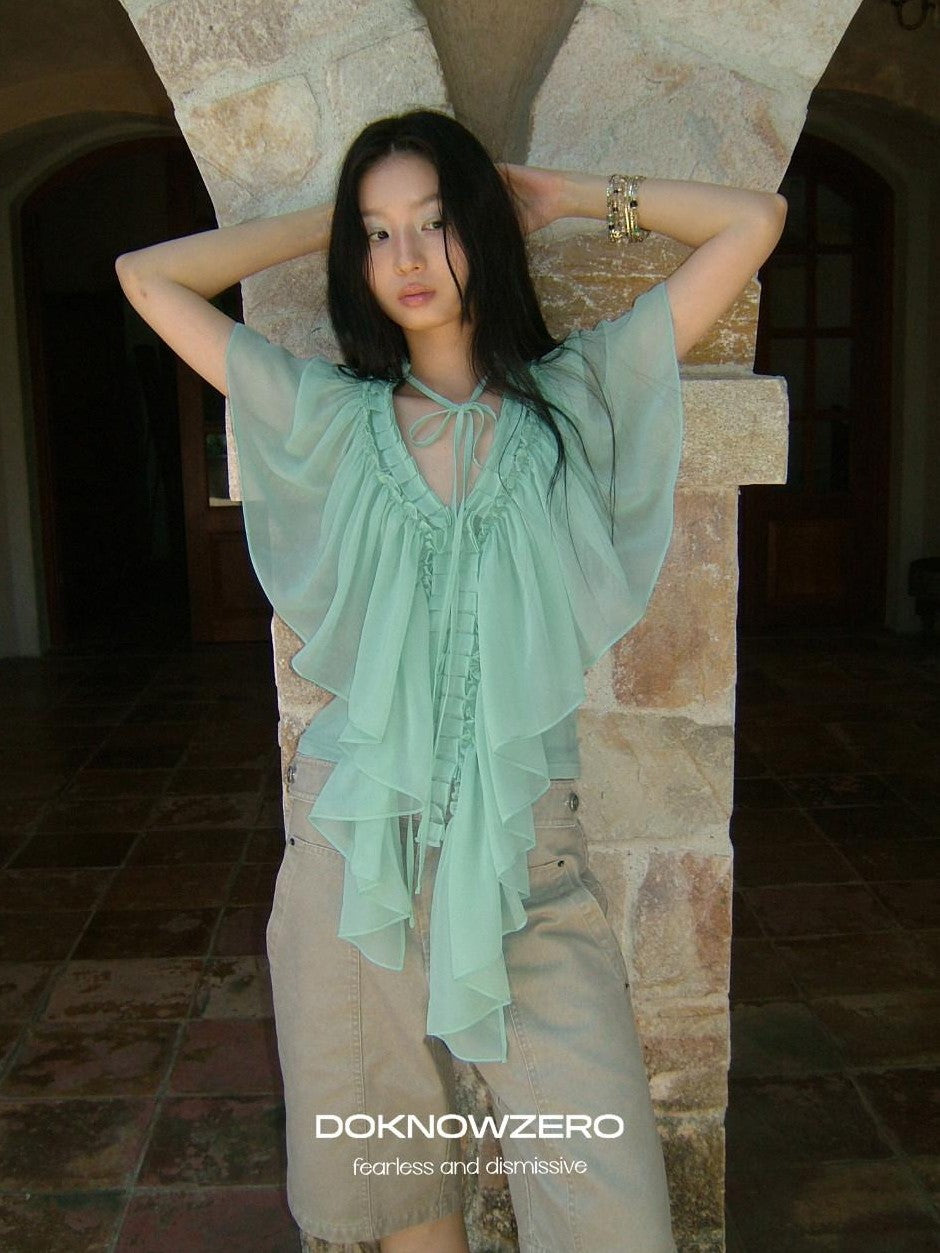 DKZ OFFICIAL Mint Green Ruffle Pleated V-neck Women&