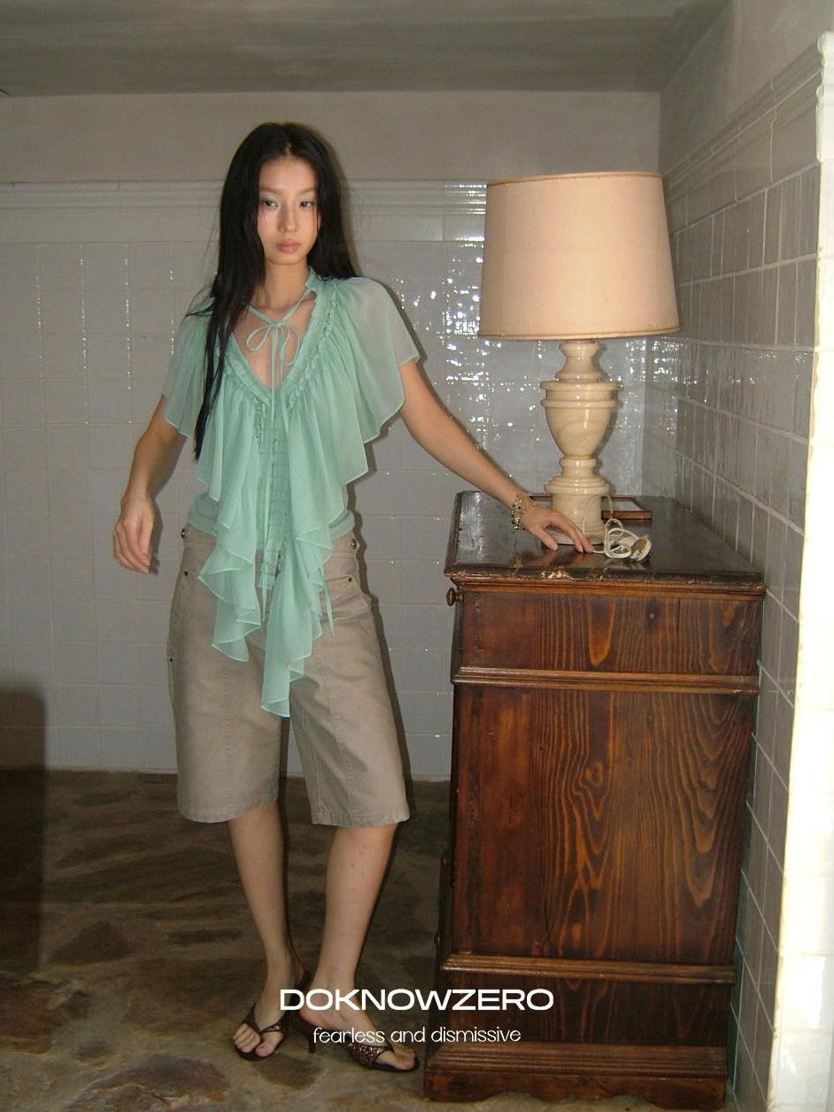 DKZ OFFICIAL Mint Green Ruffle Pleated V-neck Women&