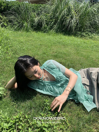 DKZ OFFICIAL Mint Green Ruffle Pleated V-neck Women&