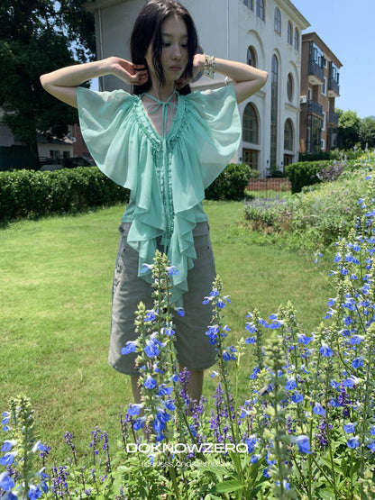 DKZ OFFICIAL Mint Green Ruffle Pleated V-neck Women&