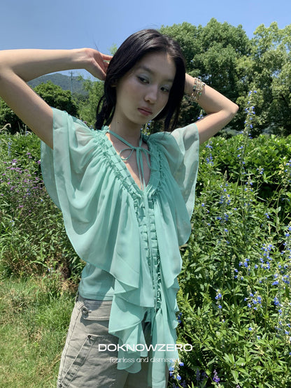 DKZ OFFICIAL Mint Green Ruffle Pleated V-neck Women&