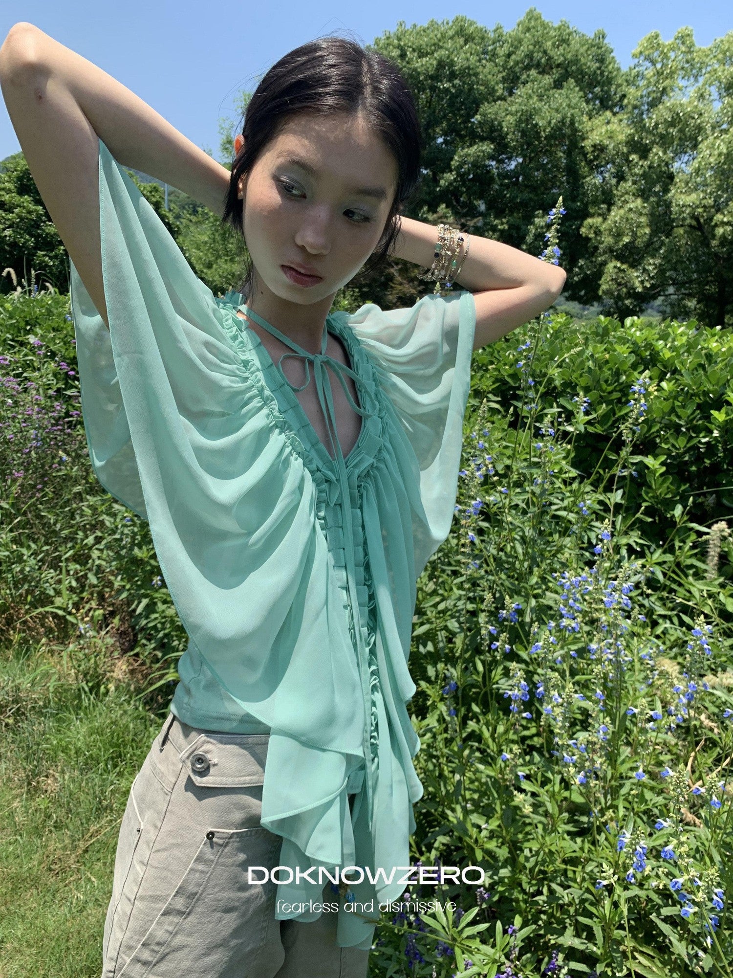 DKZ OFFICIAL Mint Green Ruffle Pleated V-neck Women&