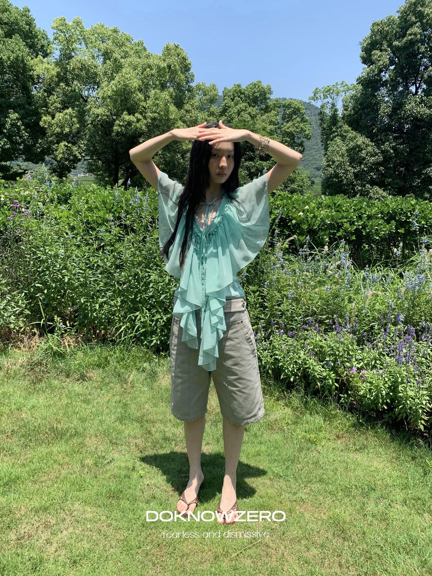 DKZ OFFICIAL Mint Green Ruffle Pleated V-neck Women&