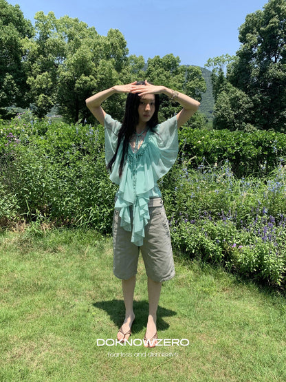 DKZ OFFICIAL Mint Green Ruffle Pleated V-neck Women&