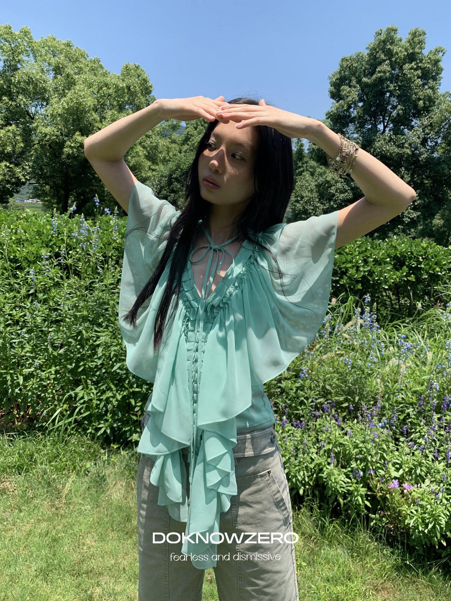 DKZ OFFICIAL Mint Green Ruffle Pleated V-neck Women&