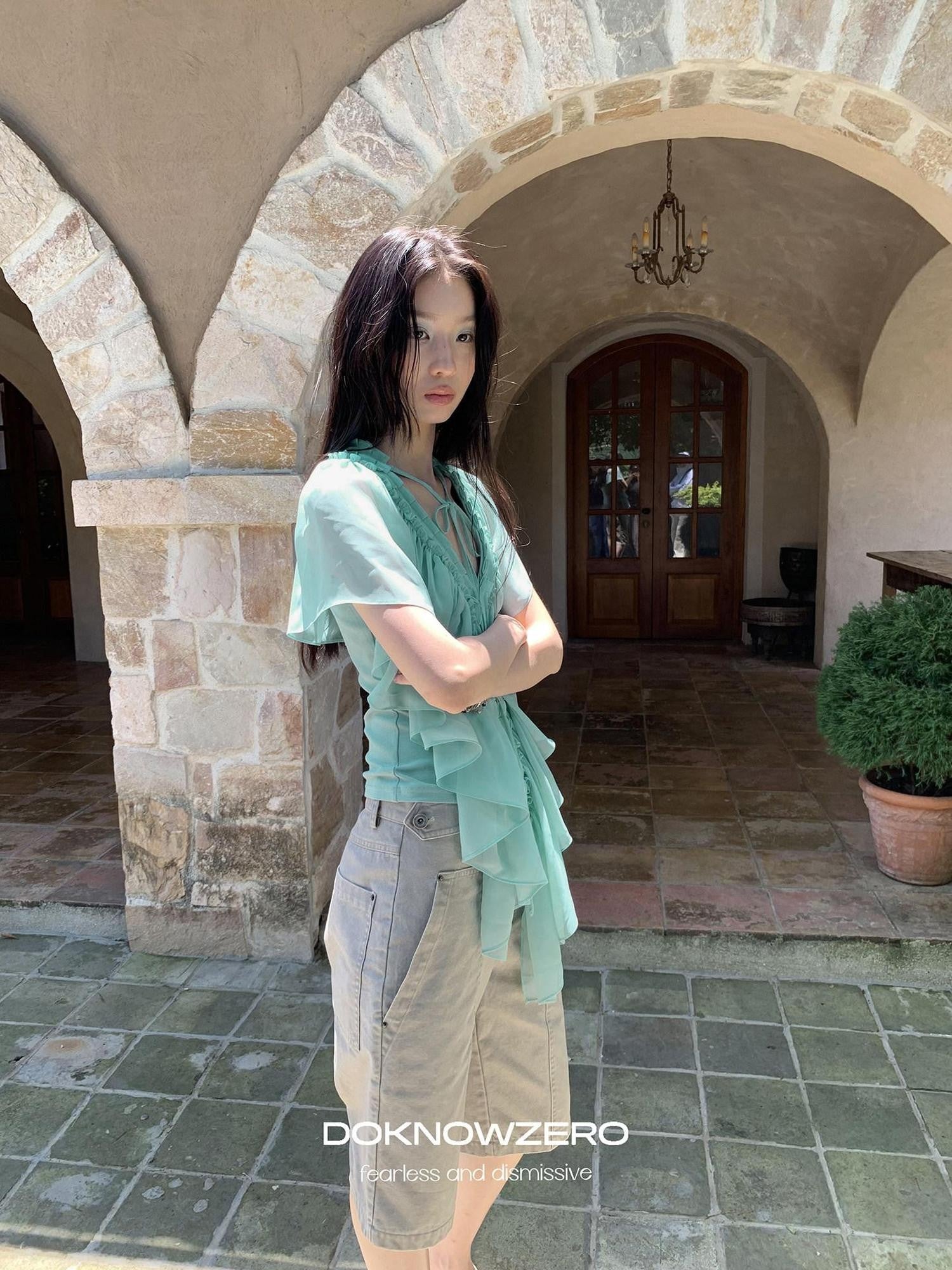 DKZ OFFICIAL Mint Green Ruffle Pleated V-neck Women&