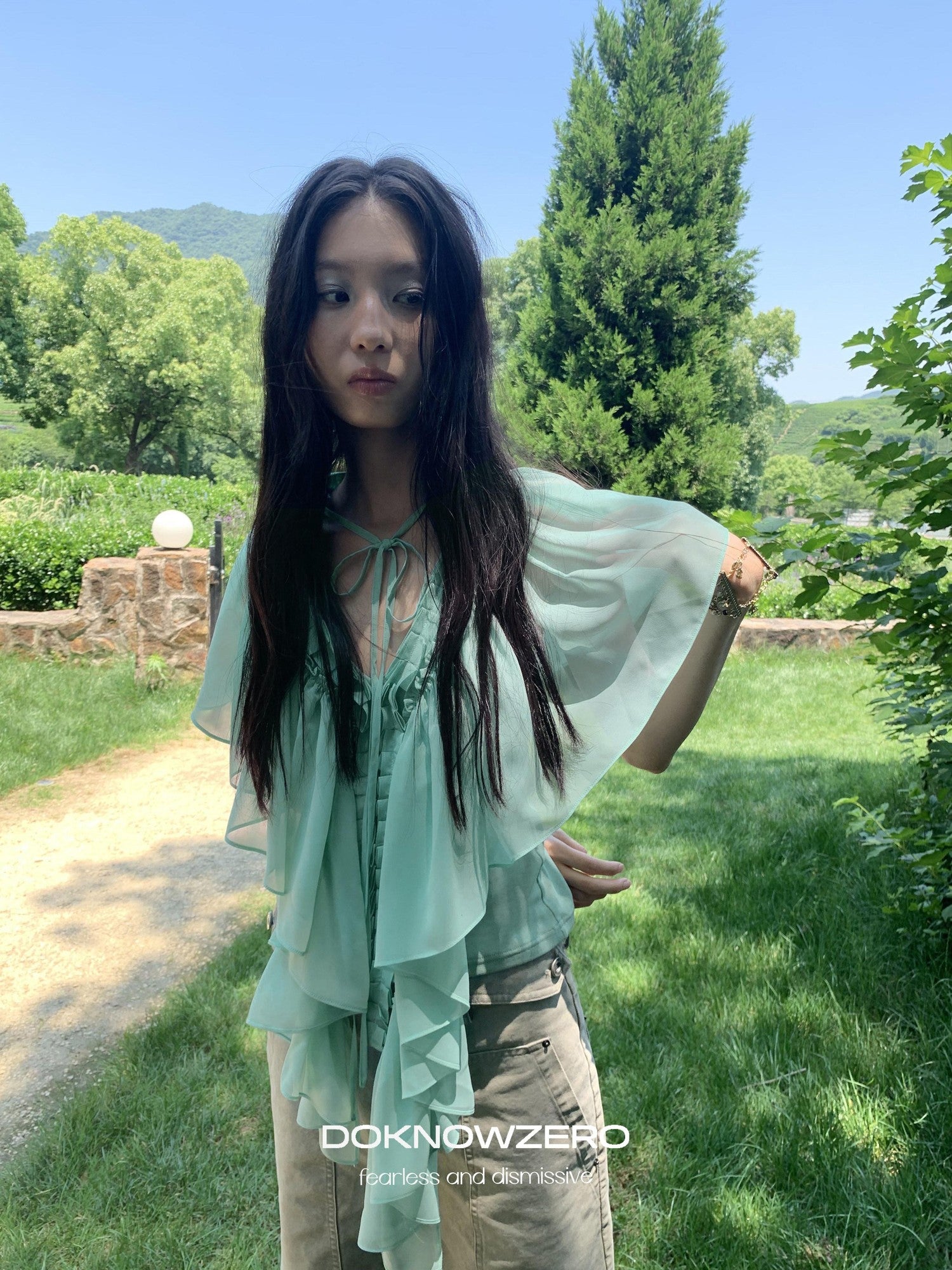 DKZ OFFICIAL Mint Green Ruffle Pleated V-neck Women&