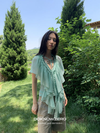 DKZ OFFICIAL Mint Green Ruffle Pleated V-neck Women&