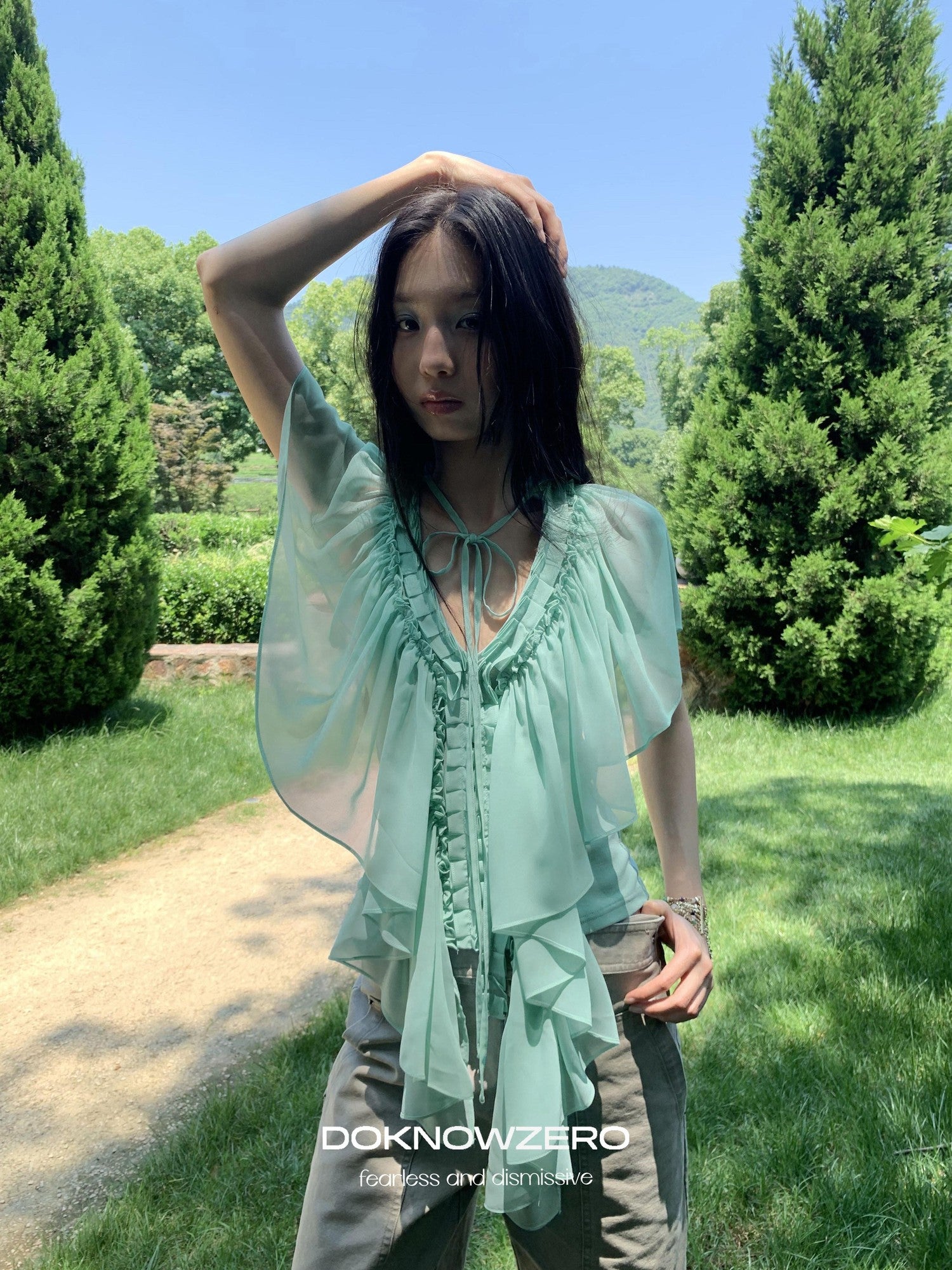 DKZ OFFICIAL Mint Green Ruffle Pleated V-neck Women&