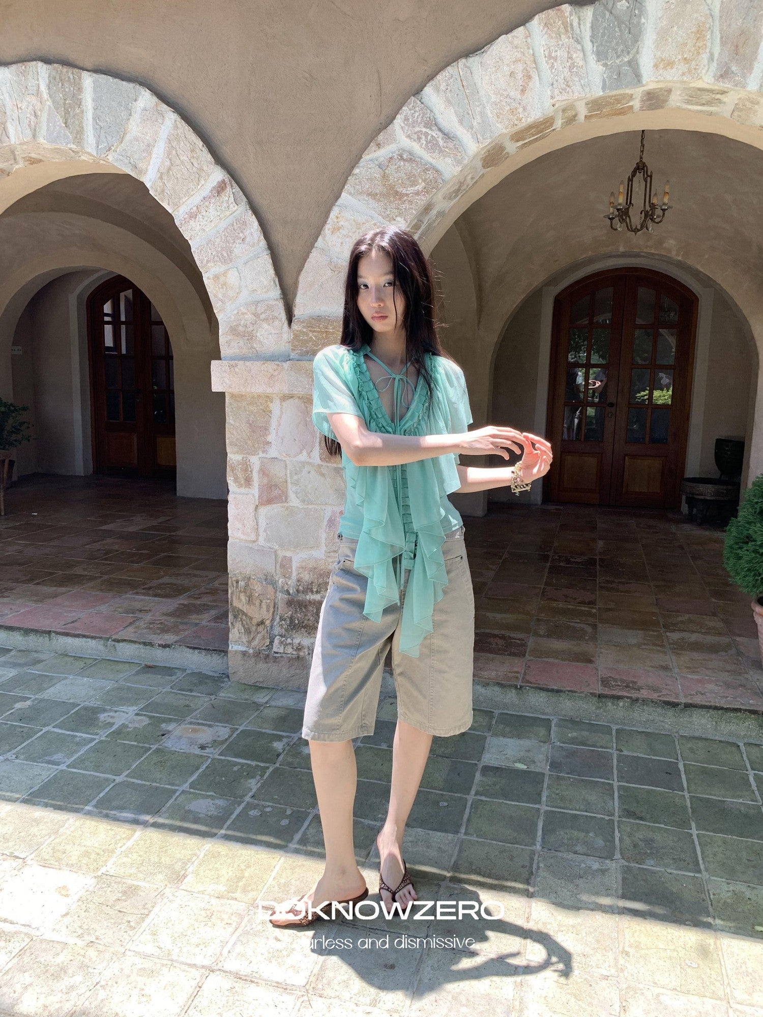DKZ OFFICIAL Mint Green Ruffle Pleated V-neck Women&