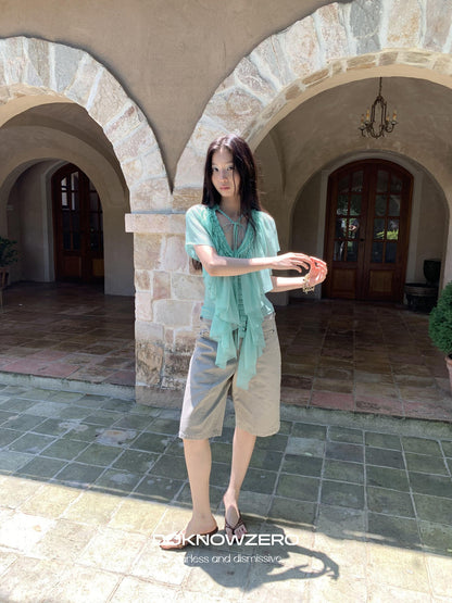 DKZ OFFICIAL Mint Green Ruffle Pleated V-neck Women&