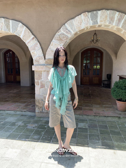 DKZ OFFICIAL Mint Green Ruffle Pleated V-neck Women&