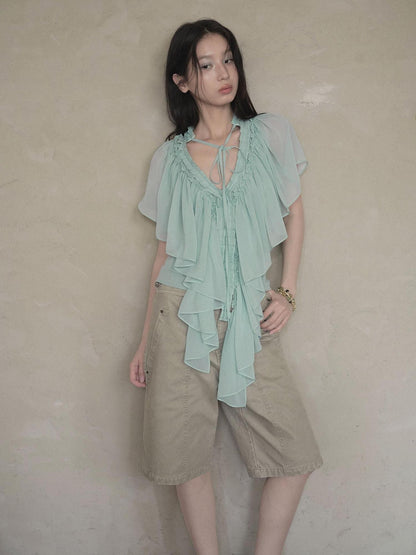 DKZ OFFICIAL Mint Green Ruffle Pleated V-neck Women&
