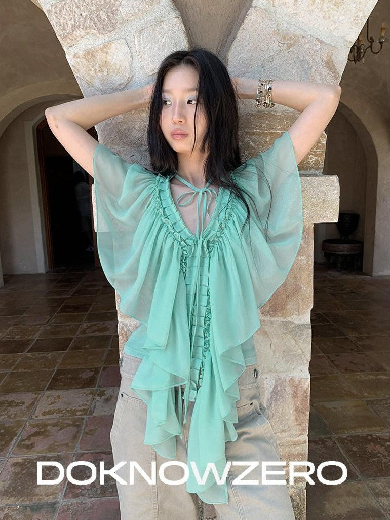 DKZ OFFICIAL Mint Green Ruffle Pleated V-neck Women&