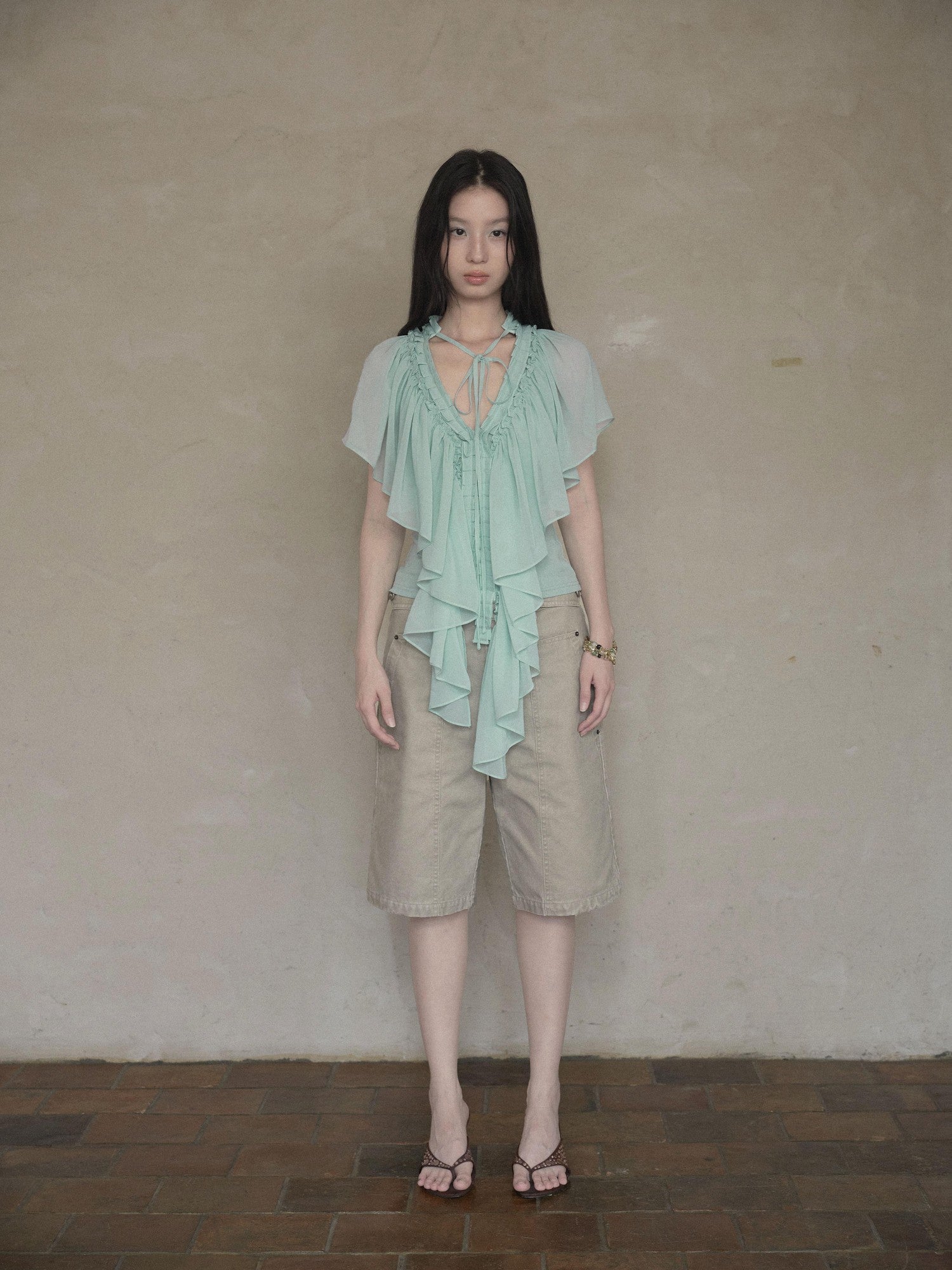 DKZ OFFICIAL Mint Green Ruffle Pleated V-neck Women&