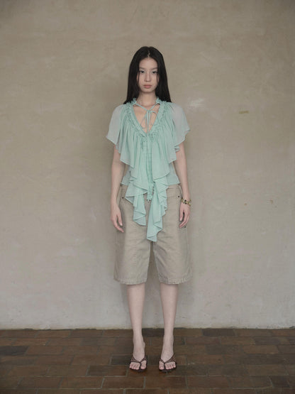 DKZ OFFICIAL Mint Green Ruffle Pleated V-neck Women&