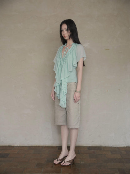 DKZ OFFICIAL Mint Green Ruffle Pleated V-neck Women&