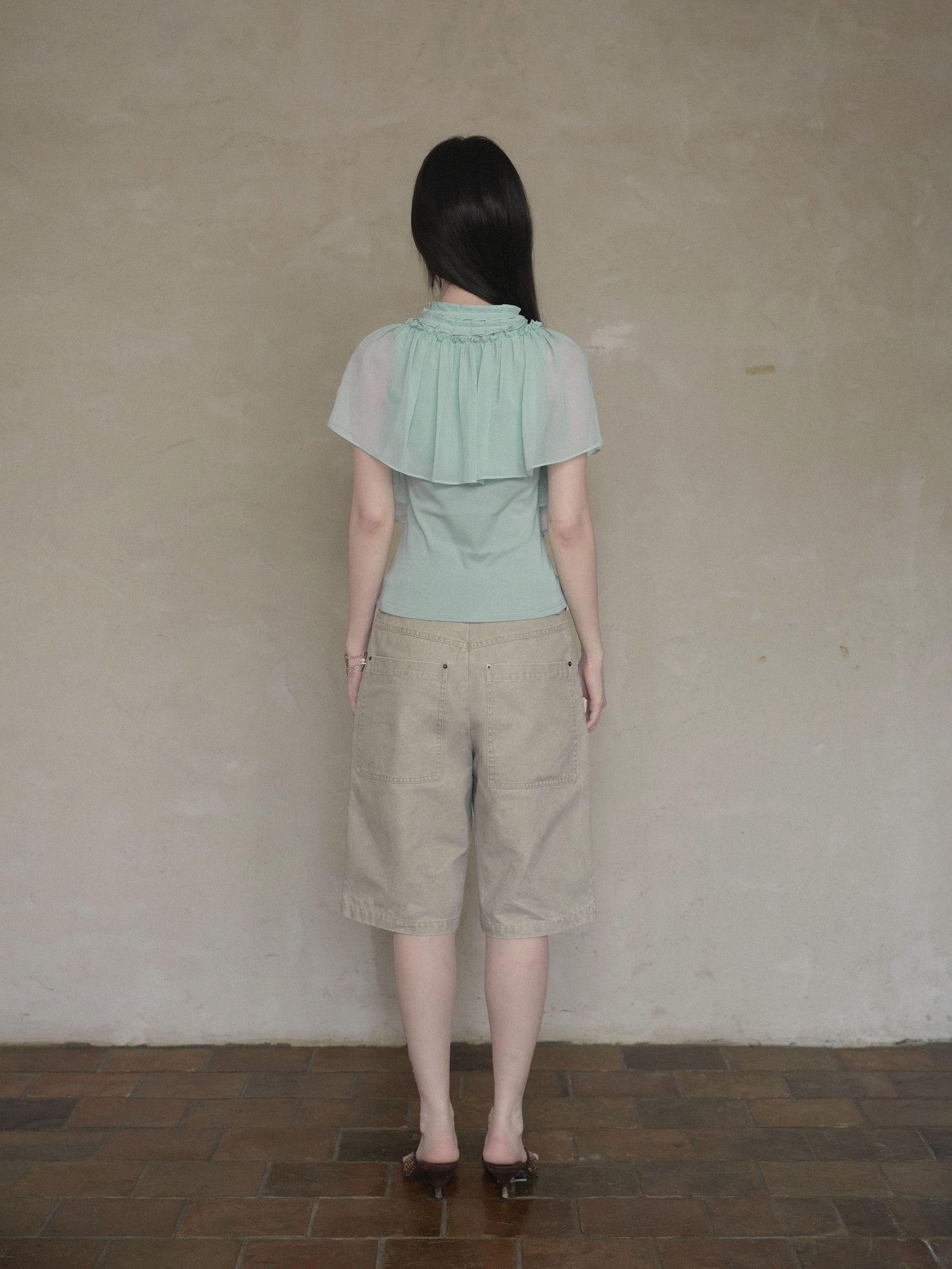 DKZ OFFICIAL Mint Green Ruffle Pleated V-neck Women&